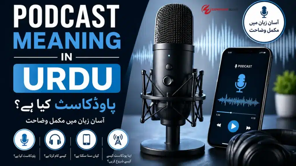Podcast meaning in Urdu explained with microphone and mobile app illustration