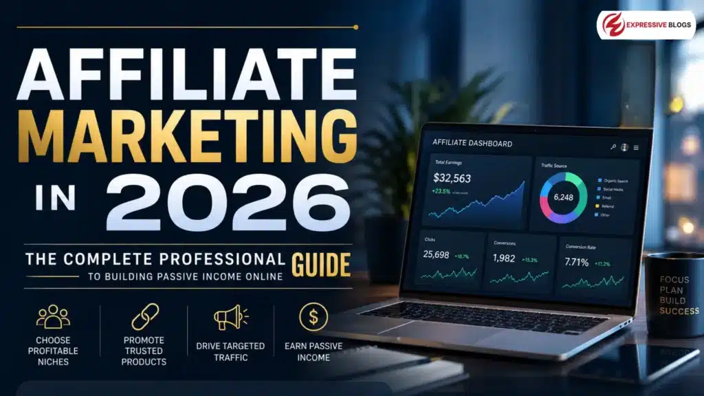 Affiliate marketing dashboard showing growth metrics and passive income insights in a modern 2026 workspace.