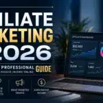Affiliate marketing dashboard showing growth metrics and passive income insights in a modern 2026 workspace.