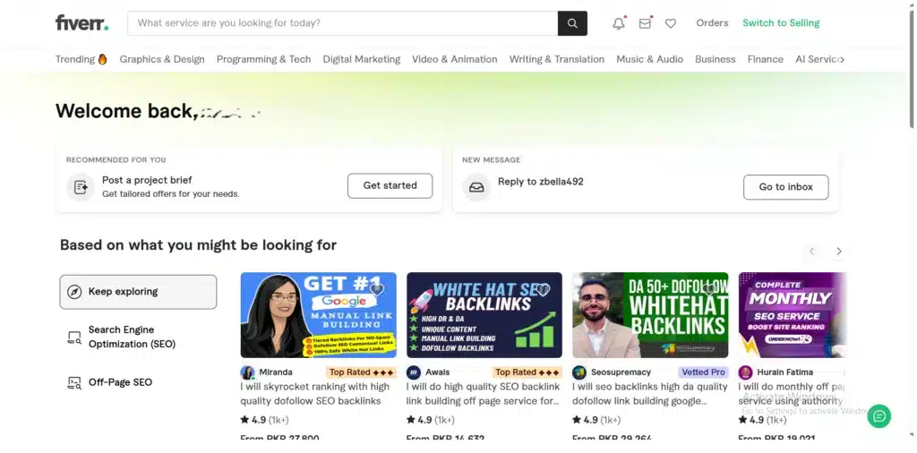 dashboard showing fiver gigs