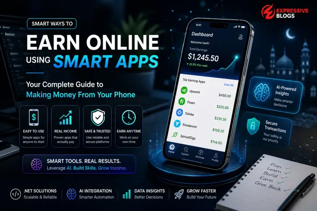 Online earning apps dashboard on smartphone with money growth concept