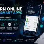 Online earning apps dashboard on smartphone with money growth concept