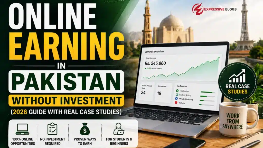 Online earning in Pakistan without investment 2026, laptop with earnings dashboard, workspace setup, work from home concept