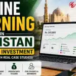 Online earning in Pakistan without investment 2026, laptop with earnings dashboard, workspace setup, work from home concept