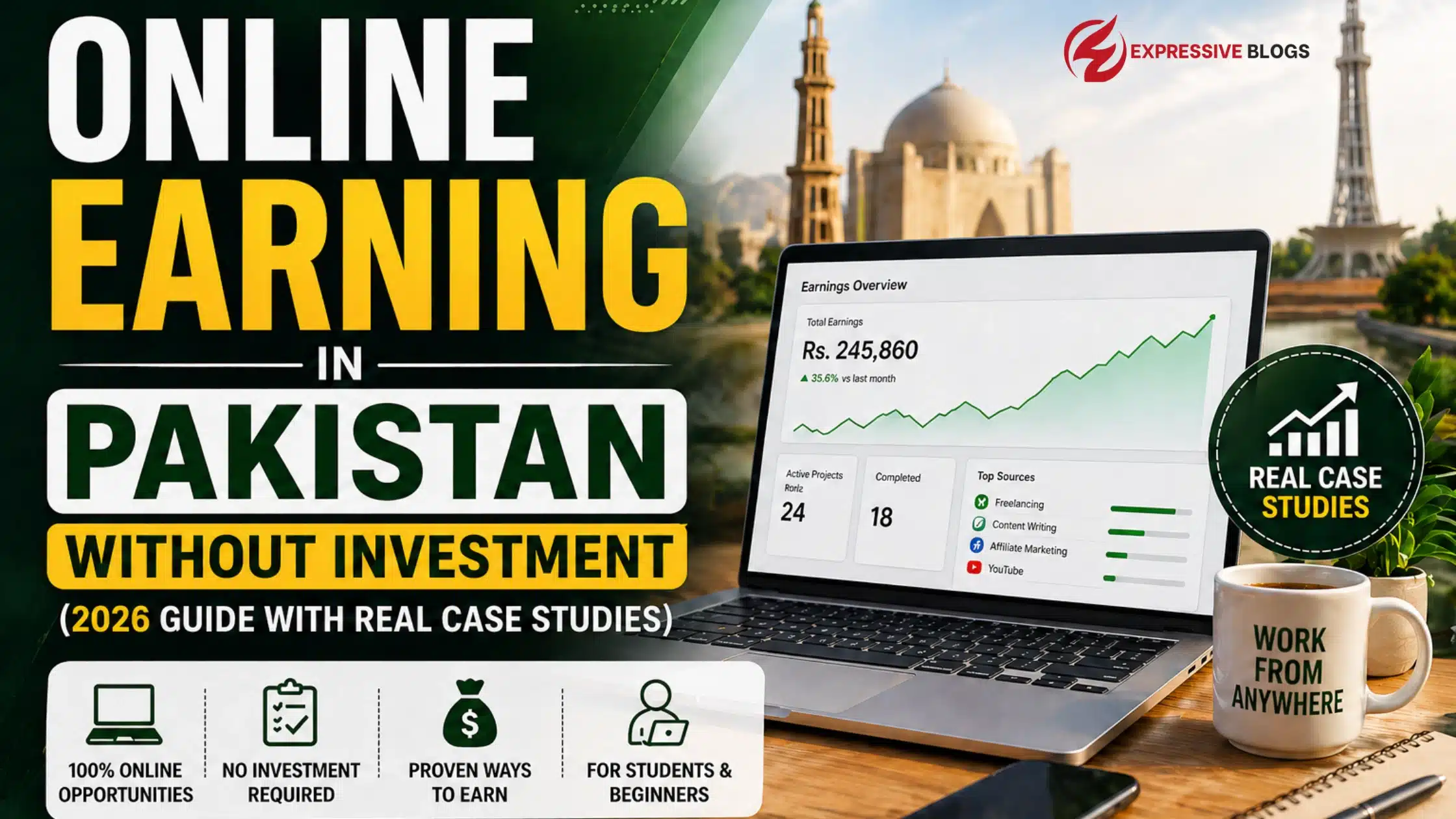 Online earning in Pakistan without investment 2026, laptop with earnings dashboard, workspace setup, work from home concept