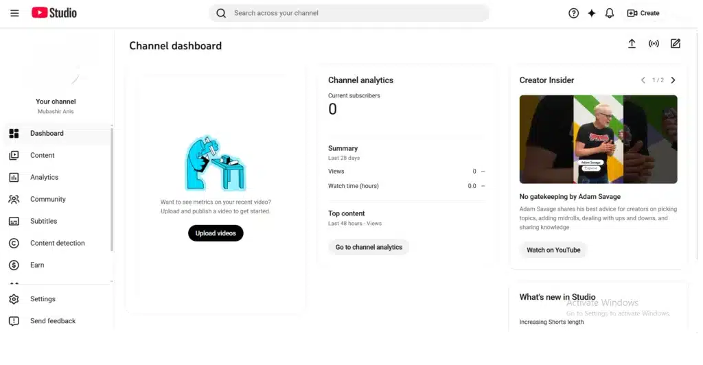 dashboard of youtube studio