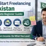 Freelancing in Pakistan guide banner with man working on laptop and key steps icons.