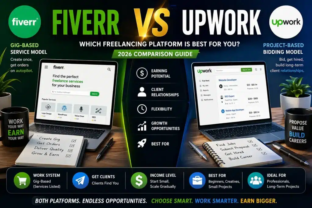 Fiverr vs Upwork 2026 comparison for freelancers showing key differences and features