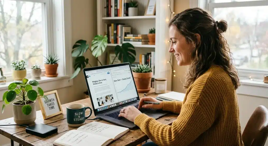 Person working in a cozy home office with a 'Slow to Start, Steady to Grow' blog theme