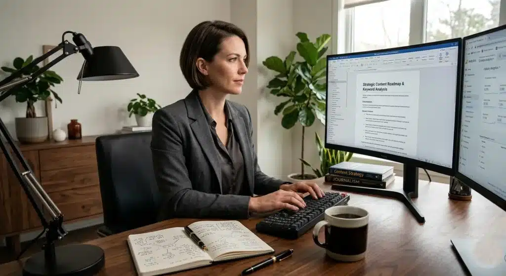 A professional content writer working at a high-end desk with dual monitors and a strategic roadmap.