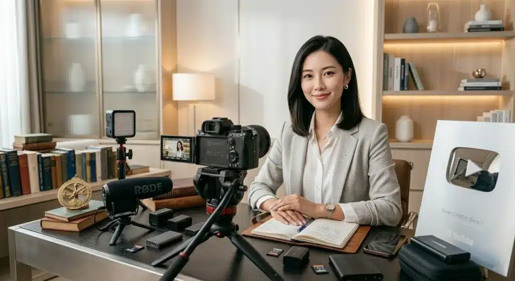 A professional female content creator in a light-toned home office, sitting at a desk with high-end camera gear and a YouTube Silver Play Button.