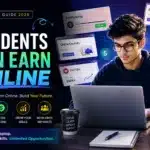Student Can Earn Online in Pakistan guide featuring a student working on a laptop with modern freelancing and digital earning visuals.