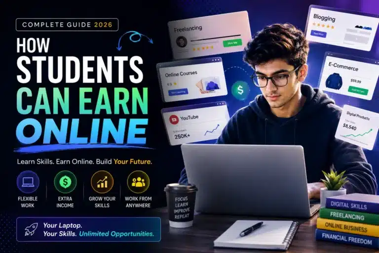 Student Can Earn Online in Pakistan guide featuring a student working on a laptop with modern freelancing and digital earning visuals.
