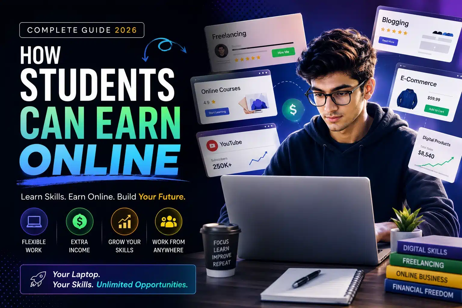 Student Can Earn Online in Pakistan guide featuring a student working on a laptop with modern freelancing and digital earning visuals.