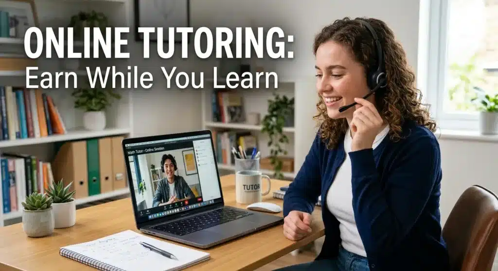 A professional female tutor with a headset using a laptop, featuring the text 'Online Tutoring: Earn While You Learn