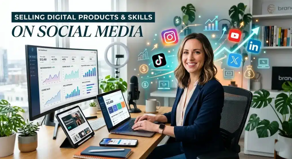 Professional woman at desk selling digital products via social media.