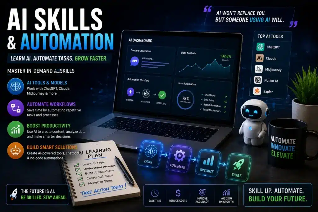 Modern AI and automation workspace showing AI tools, smart workflows, and productivity dashboards.