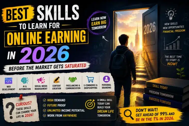 Featured image showing top skills to learn for online earning in 2026 including AI, freelancing, digital marketing, and content creation.
