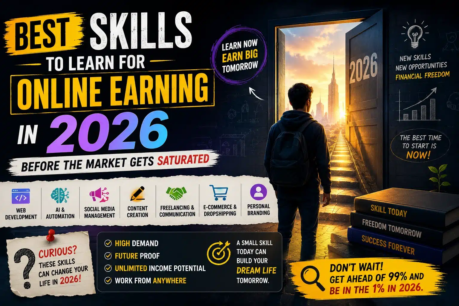 Featured image showing top skills to learn for online earning in 2026 including AI, freelancing, digital marketing, and content creation.