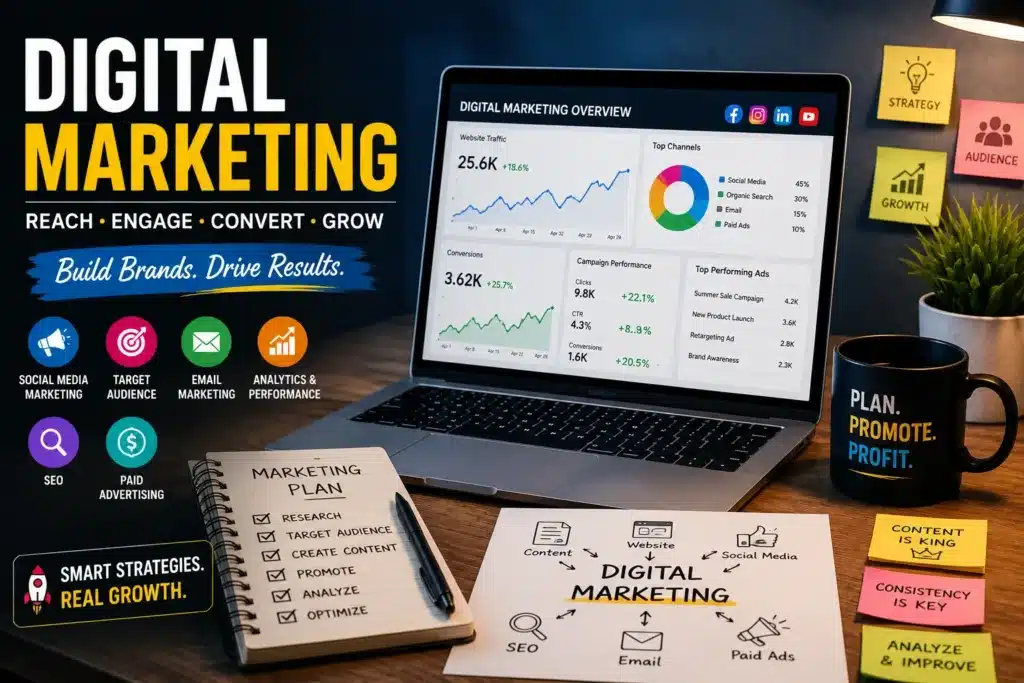 Modern digital marketing workspace showing analytics, SEO, social media, and online growth strategies.
