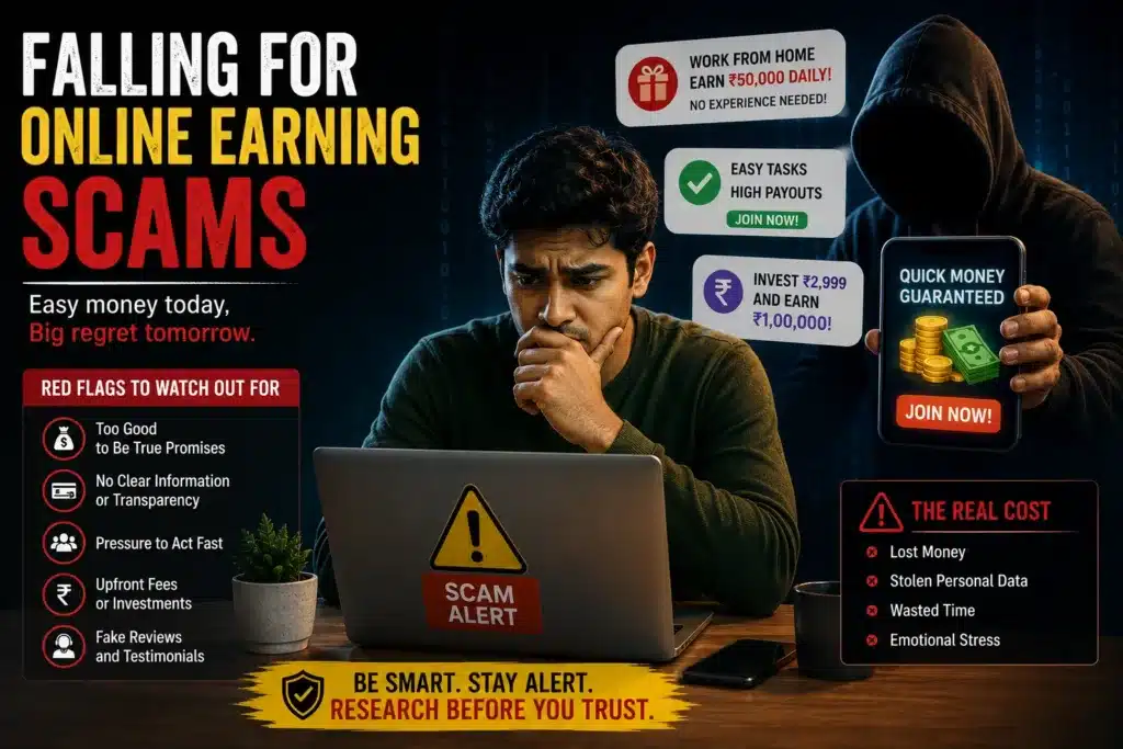 Person overwhelmed by fake online earning offers and internet scam traps on a laptop