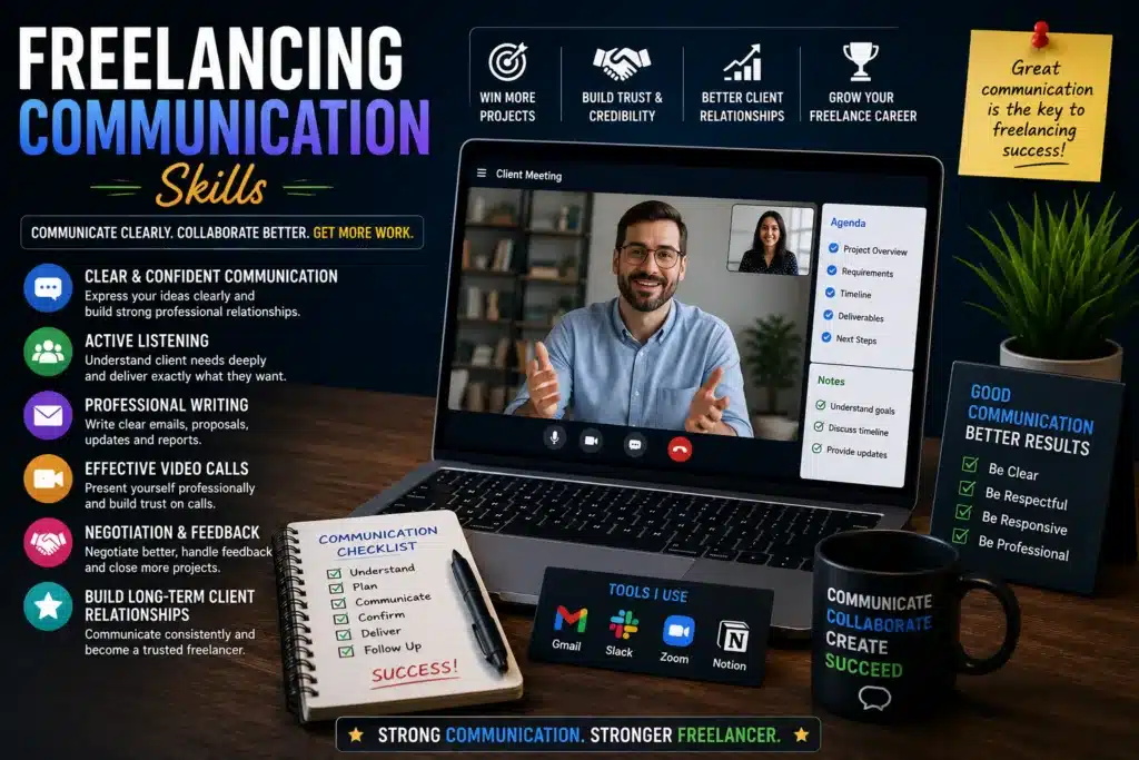 Professional freelancing communication setup with client meetings, collaboration tools, and productivity workspace.