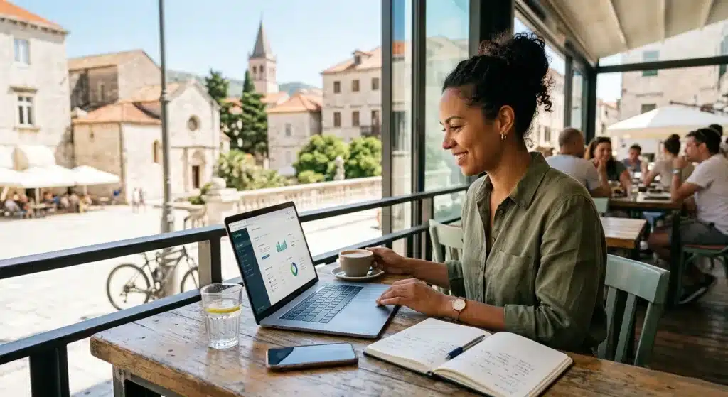 A smiling female freelancer working on a laptop at a bright outdoor cafe overlooking a historic European city square.