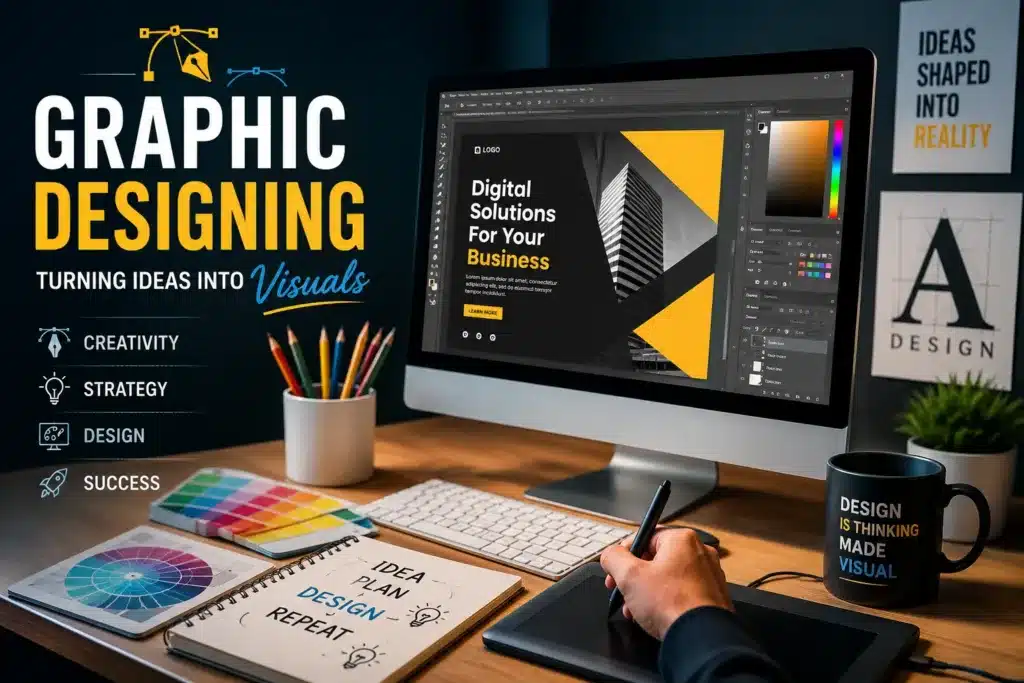 Graphic designer creating digital designs on a modern workspace setup