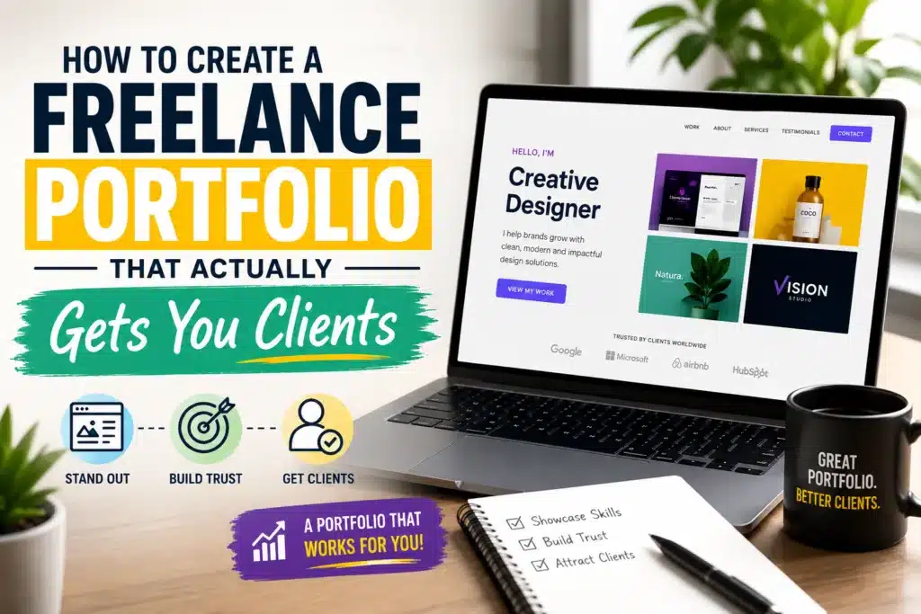 Professional freelance portfolio featured image showing a modern portfolio website design that helps freelancers attract clients online