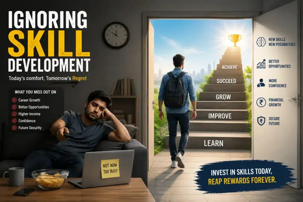 Person choosing growth and learning over comfort while building new skills for future success.