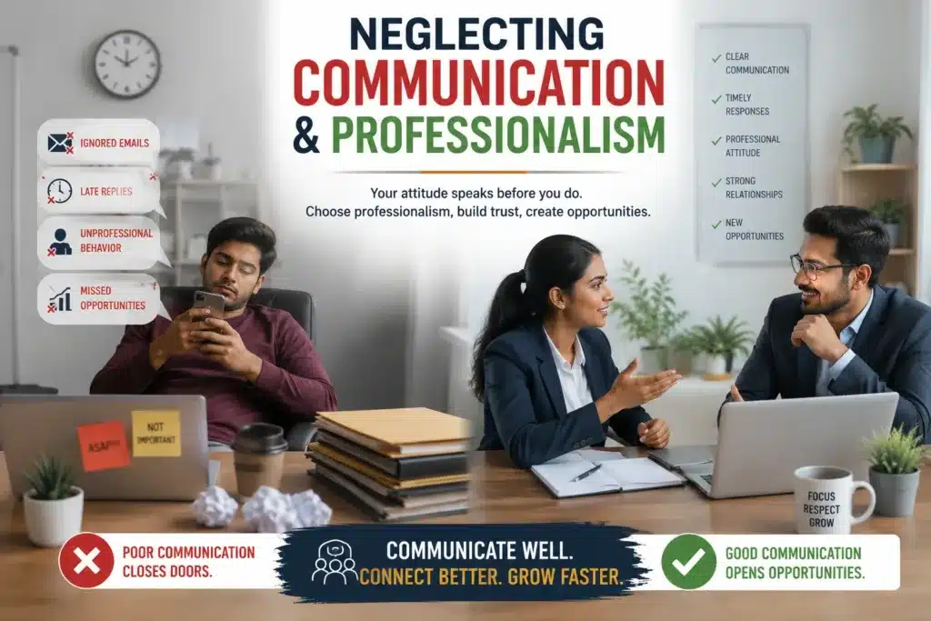 Comparison between poor communication habits and professional workplace behavior leading to better opportunities.
