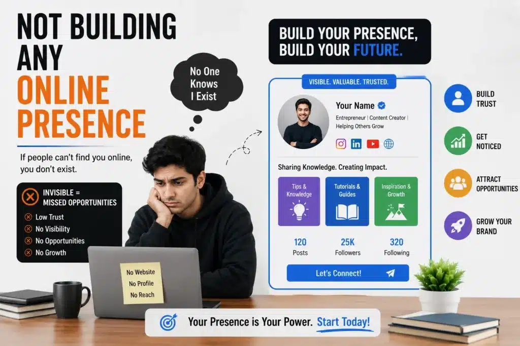 Frustrated creator with no online visibility compared to a strong personal brand profile attracting opportunities.