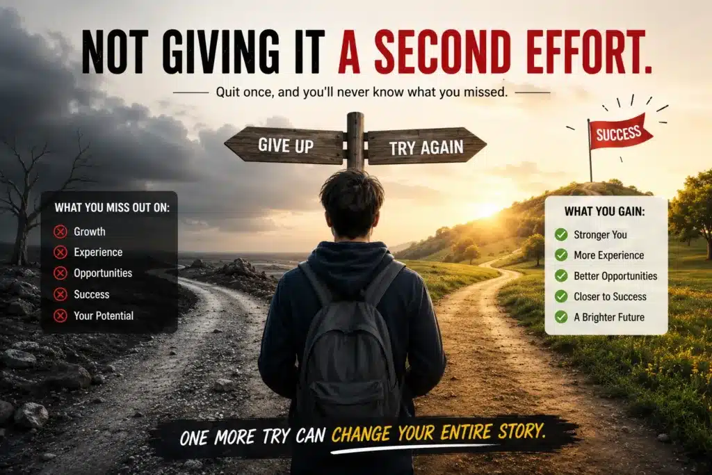 Person standing between giving up and trying again, symbolizing persistence and resilience.