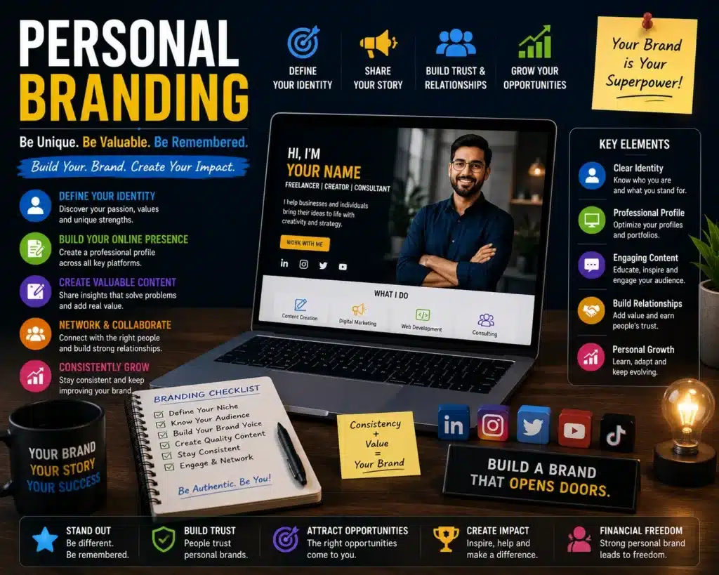 Modern personal branding workspace showing online identity building, content creation, and social media presence.