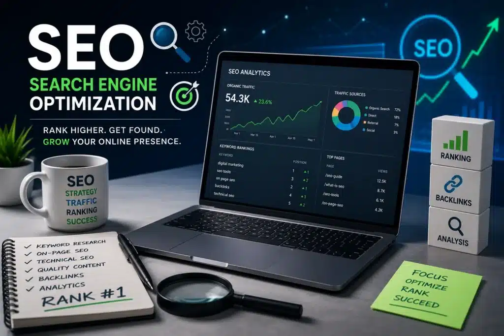 Modern SEO workspace showing search engine optimization analytics and keyword ranking tools 