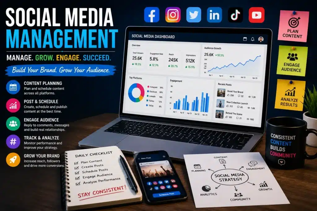 Modern social media management workspace with content planning, analytics, and audience growth tools.