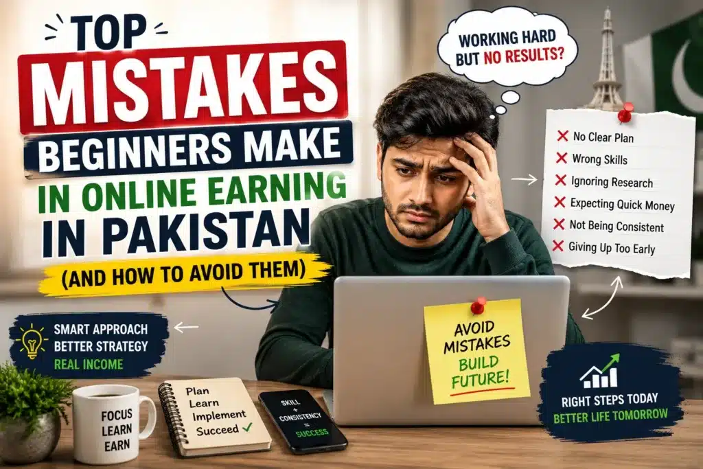 An educational illustration showing common mistakes in online earning in Pakistan and tips to avoid them.