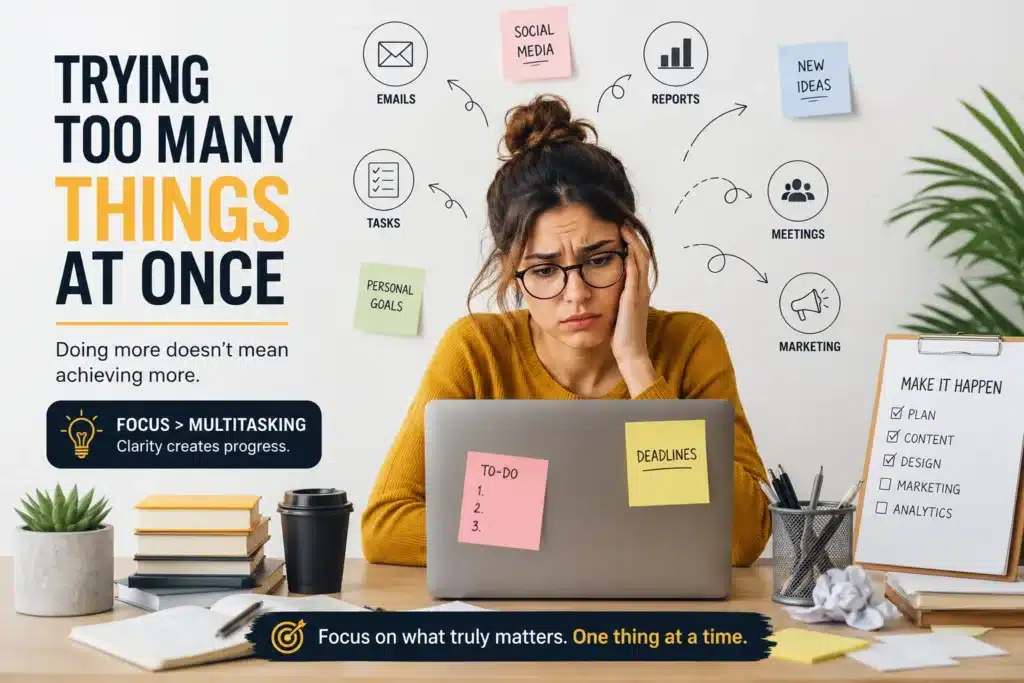 Overwhelmed professional juggling multiple tasks at once while struggling to stay focused at work.