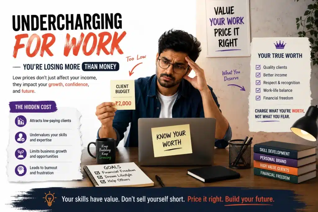 Freelancer stressed over low-paying work while realizing the importance of charging fair prices.
