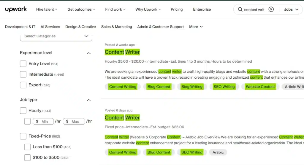 Upwork content writer job listings for Pakistani freelancers