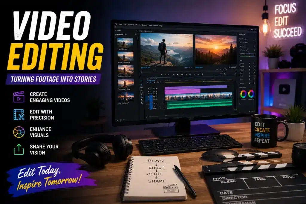 Professional video editing setup with cinematic editing software and creative workspace.