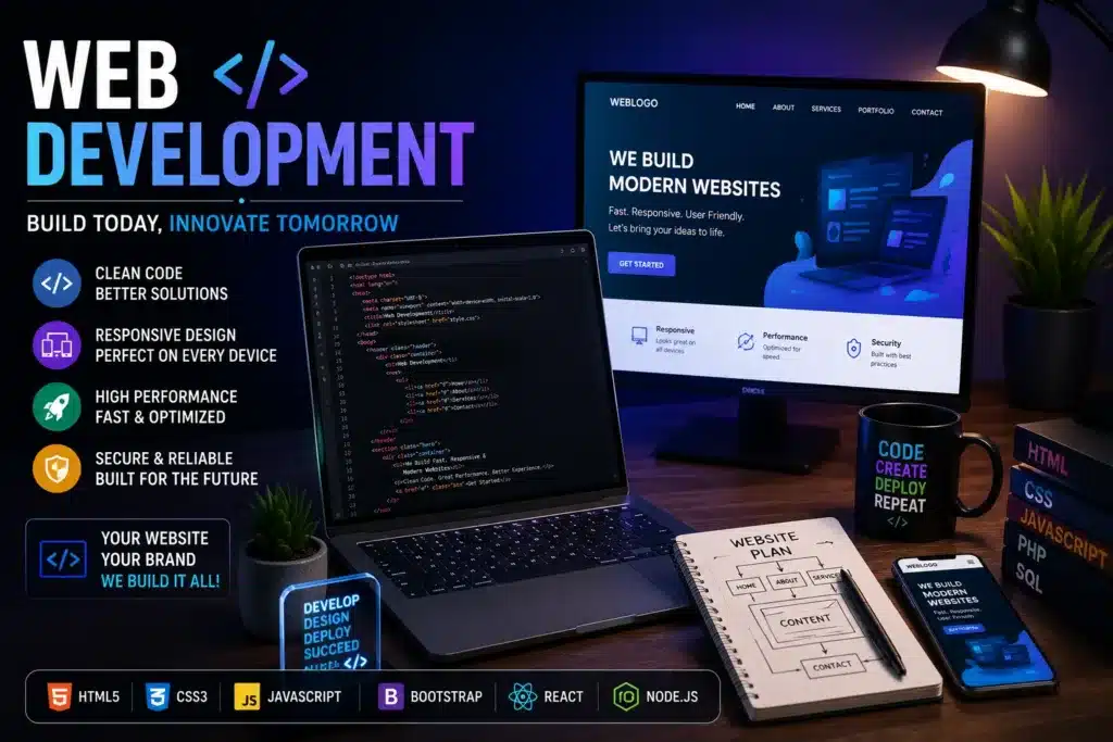 Modern web development workspace with coding screens, website design, and programming tools.