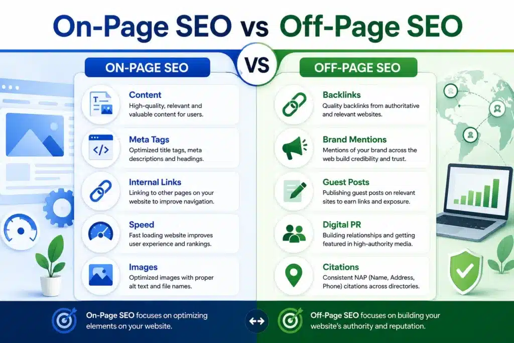 On-Page SEO vs Off-Page SEO comparison infographic showing key ranking factors