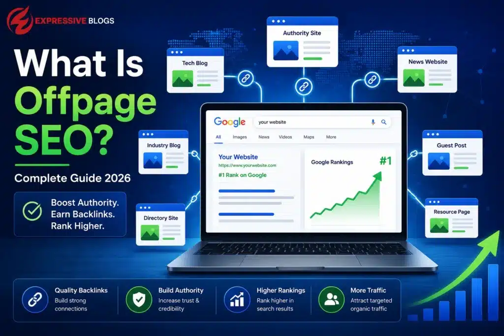 What is offpage SEO infographic showing backlinks, website authority, and Google rankings
