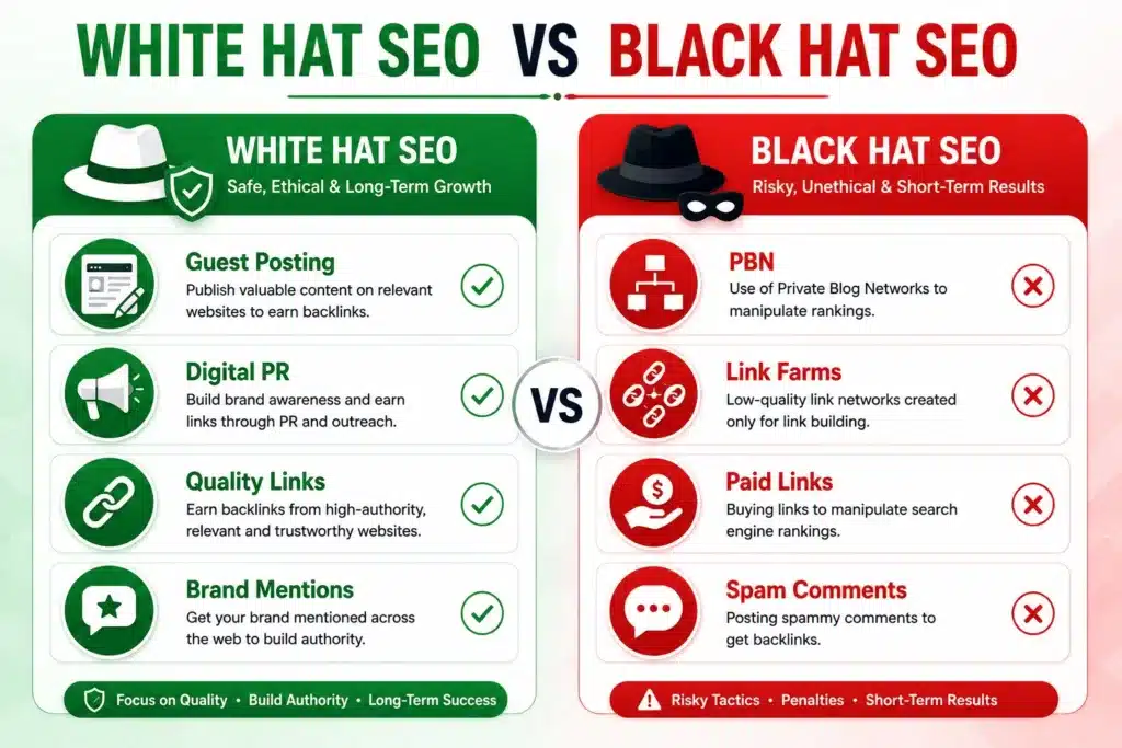 White Hat vs Black Hat SEO comparison infographic